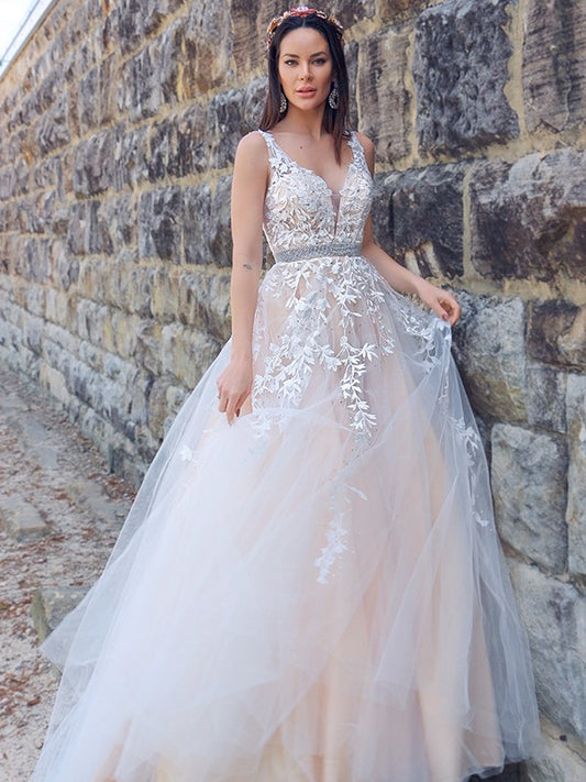 A-Linie/Princess-Linie Applikationen Tüll Ärmellos V-Ausschnitt Sweep/Pinsel Zug Kleider Brautkleid Brautkleider