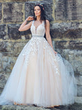 A-Linie/Princess-Linie Applikationen Tüll Ärmellos V-Ausschnitt Sweep/Pinsel Zug Kleider Brautkleid Brautkleider