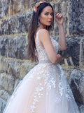 A-Linie/Princess-Linie Applikationen Tüll Ärmellos V-Ausschnitt Sweep/Pinsel Zug Kleider Brautkleid Brautkleider