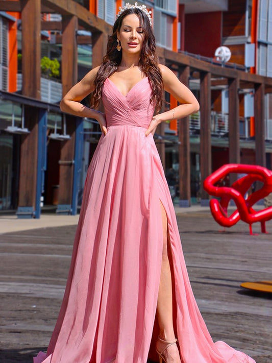 Vestido de noche de graduación de corte A/princesa, de gasa, fruncido, con tirantes finos, sin mangas y cola larga