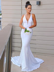 Sheath/Column Stretch Crepe V-neck Ruched Sleeveless Sweep/Brush Train Wedding Dresses Bridal Gowns