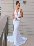 Sheath/Column Stretch Crepe V-neck Ruched Sleeveless Sweep/Brush Train Wedding Dresses Bridal Gowns