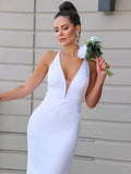 Sheath/Column Stretch Crepe V-neck Ruched Sleeveless Sweep/Brush Train Wedding Dresses Bridal Gowns