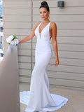 Sheath/Column Stretch Crepe V-neck Ruched Sleeveless Sweep/Brush Train Wedding Dresses Bridal Gowns
