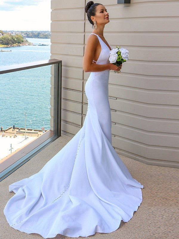 Sheath/Column Stretch Crepe V-neck Ruched Sleeveless Sweep/Brush Train Wedding Dresses Bridal Gowns