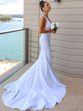 Sheath/Column Stretch Crepe V-neck Ruched Sleeveless Sweep/Brush Train Wedding Dresses Bridal Gowns