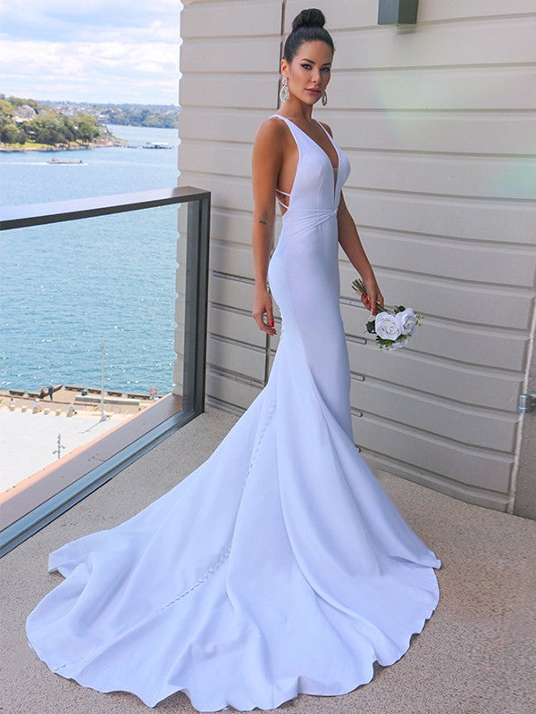 Sheath/Column Stretch Crepe V-neck Ruched Sleeveless Sweep/Brush Train Wedding Dresses Bridal Gowns