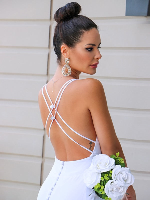 Sheath/Column Stretch Crepe V-neck Ruched Sleeveless Sweep/Brush Train Wedding Dresses Bridal Gowns