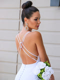 Sheath/Column Stretch Crepe V-neck Ruched Sleeveless Sweep/Brush Train Wedding Dresses Bridal Gowns