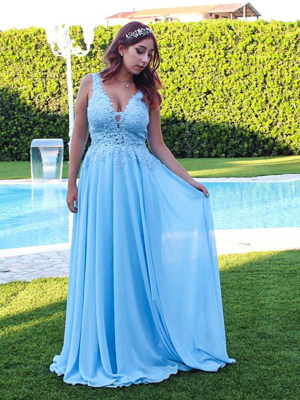 Vestido de noche de graduación con corte A/princesa, tirantes finos, gasa, apliques, sin mangas y largo hasta el suelo