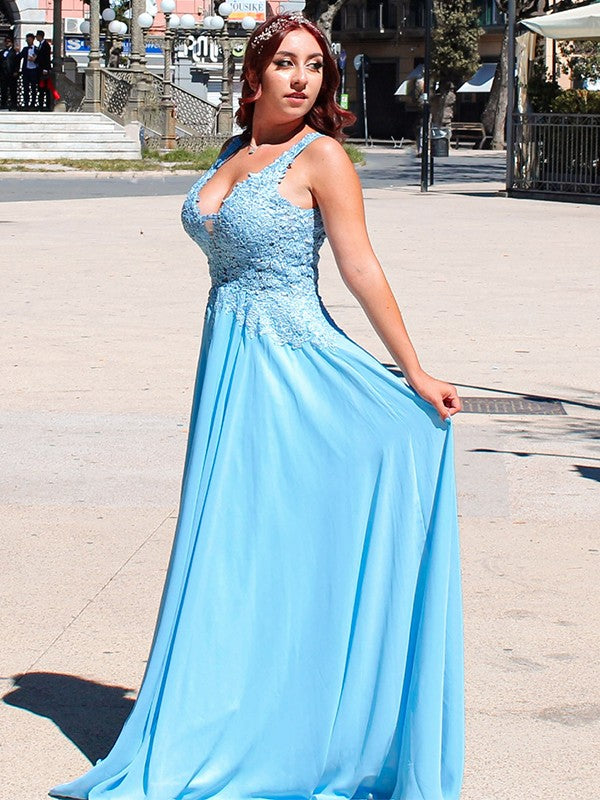 Vestido de noche de graduación con corte A/princesa, tirantes finos, gasa, apliques, sin mangas y largo hasta el suelo