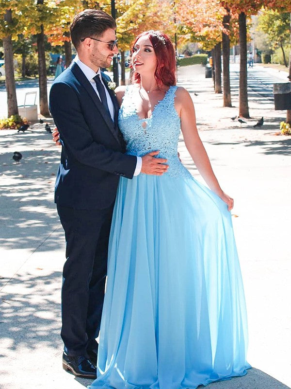 Vestido de noche de graduación con corte A/princesa, tirantes finos, gasa, apliques, sin mangas y largo hasta el suelo