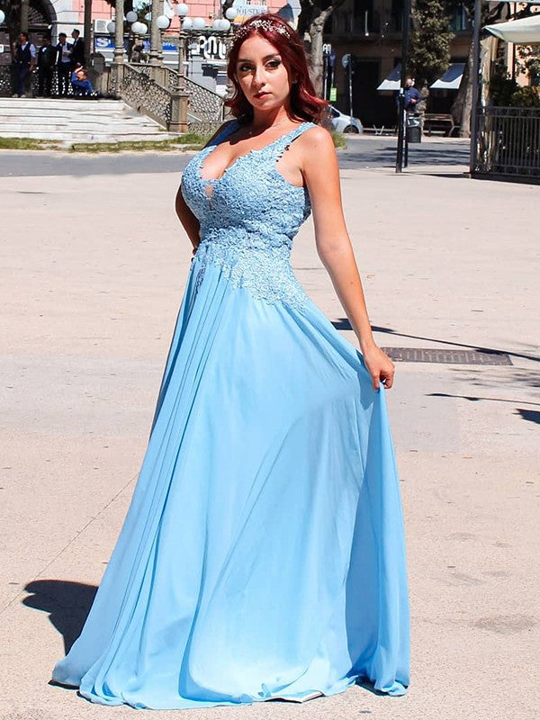 Vestido de noche de graduación con corte A/princesa, tirantes finos, gasa, apliques, sin mangas y largo hasta el suelo