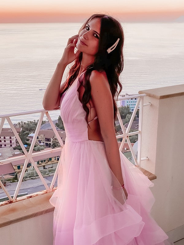 A-Line/Princess V-neck Ruffles Organza Sleeveless Floor-Length Dresses Prom Evening Dress