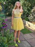 Vestido de cóctel de graduación, corte A/princesa, sin mangas, cuello halter, tul, apliques, corto/mini