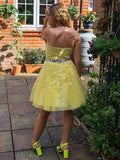 Vestido de cóctel de graduación, corte A/princesa, sin mangas, cuello halter, tul, apliques, corto/mini