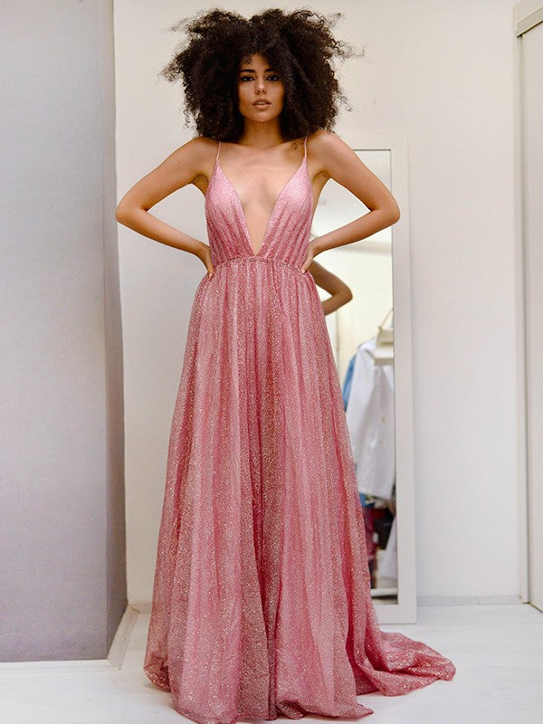 Vestido de noche de graduación con escote en V, lentejuelas, volantes, sin mangas y cola larga.