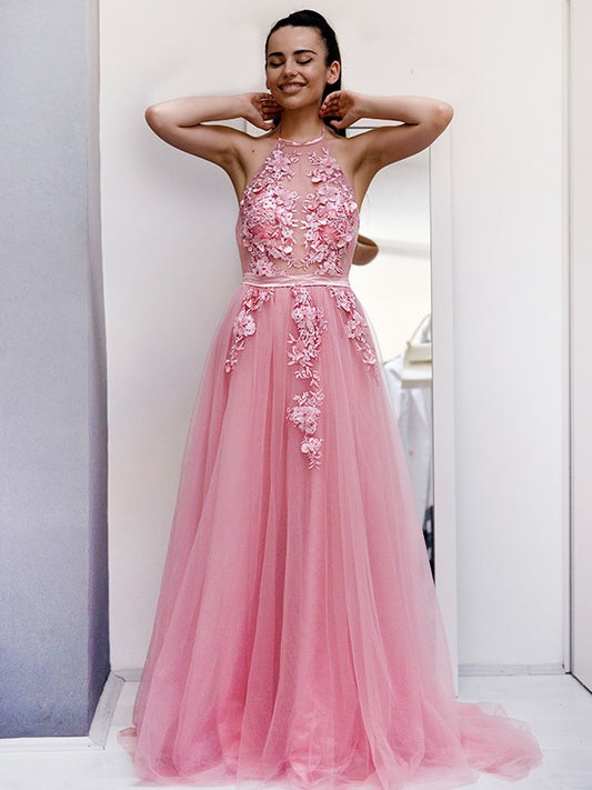 Vestido de noche de fiesta con corte A/princesa, de tul, con apliques, halter, sin mangas y cola larga