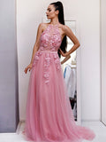 Vestido de noche de fiesta con corte A/princesa, de tul, con apliques, halter, sin mangas y cola larga