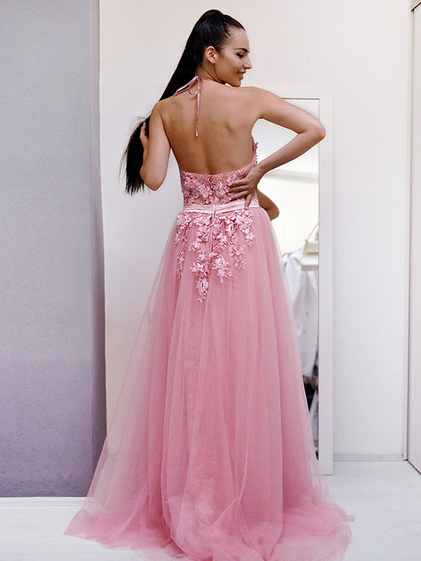 Vestido de noche de fiesta con corte A/princesa, de tul, con apliques, halter, sin mangas y cola larga