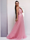Vestido de noche de fiesta con corte A/princesa, de tul, con apliques, halter, sin mangas y cola larga