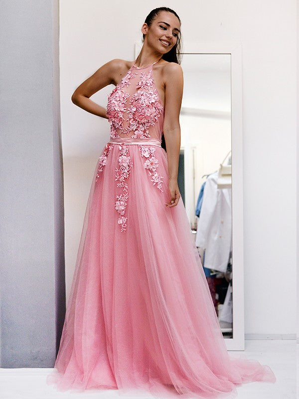 Vestido de noche de fiesta con corte A/princesa, de tul, con apliques, halter, sin mangas y cola larga
