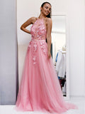 Vestido de noche de fiesta con corte A/princesa, de tul, con apliques, halter, sin mangas y cola larga