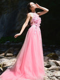 Vestido de noche de fiesta con corte A/princesa, de tul, con apliques, halter, sin mangas y cola larga