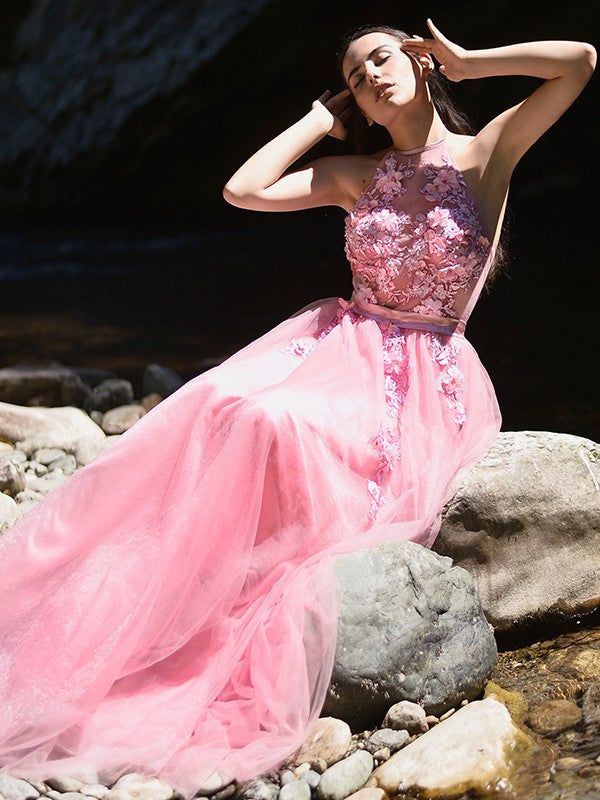 Vestido de noche de fiesta con corte A/princesa, de tul, con apliques, halter, sin mangas y cola larga