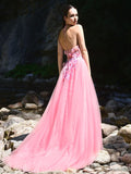 Vestido de noche de fiesta con corte A/princesa, de tul, con apliques, halter, sin mangas y cola larga