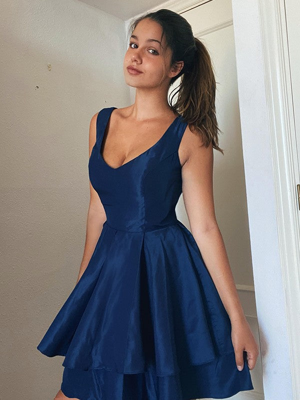 Vestidos de fiesta cortos/mini de tafetán sin mangas con tirantes tipo A/princesa, para cóctel y graduación
