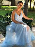 Vestido de noche de graduación con corte A/princesa, tirantes finos, apliques de tul, sin mangas y largo hasta el suelo