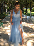 Vestido de noche de graduación con corte A/princesa, tirantes finos, apliques de tul, sin mangas y largo hasta el suelo