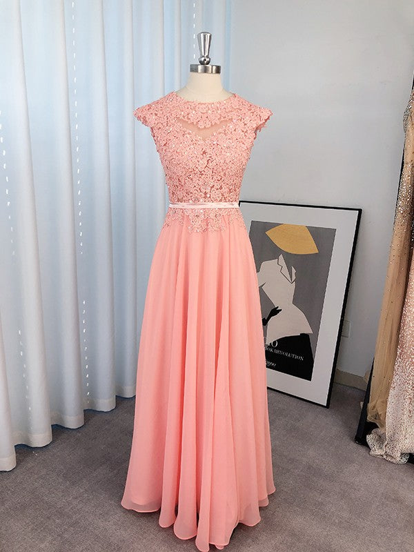 Vestido de noche de graduación con corte A/princesa, apliques, escote redondo, de gasa, sin mangas y largo hasta el suelo
