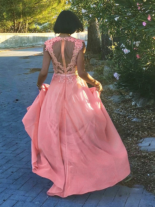 Vestido de noche de graduación con corte A/princesa, apliques, escote redondo, de gasa, sin mangas y largo hasta el suelo