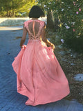 Vestido de noche de graduación con corte A/princesa, apliques, escote redondo, de gasa, sin mangas y largo hasta el suelo