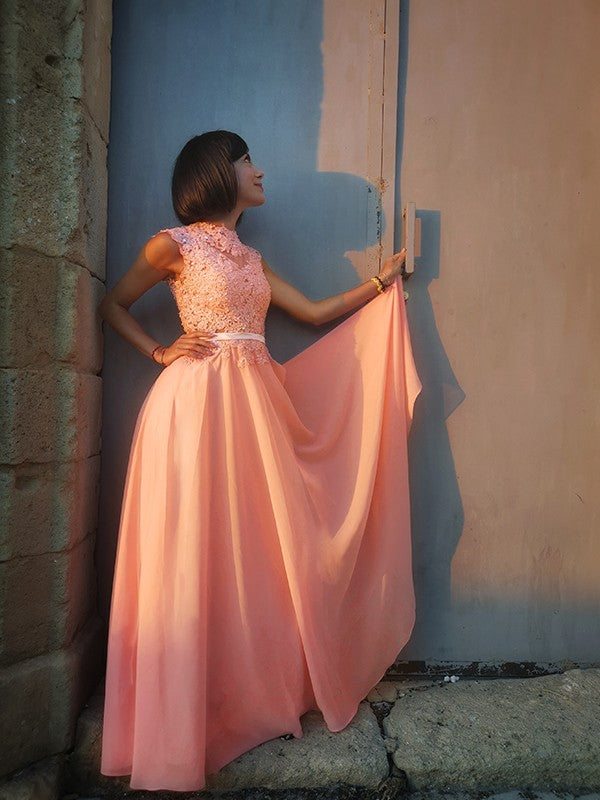 Vestido de noche de graduación con corte A/princesa, apliques, escote redondo, de gasa, sin mangas y largo hasta el suelo