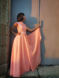 Vestido de noche de graduación con corte A/princesa, apliques, escote redondo, de gasa, sin mangas y largo hasta el suelo