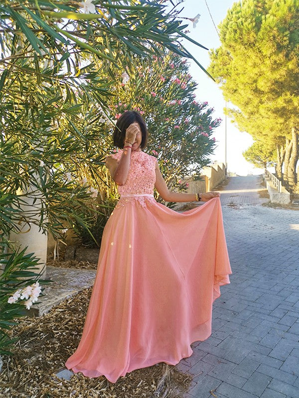 Vestido de noche de graduación con corte A/princesa, apliques, escote redondo, de gasa, sin mangas y largo hasta el suelo