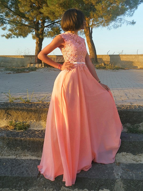Vestido de noche de graduación con corte A/princesa, apliques, escote redondo, de gasa, sin mangas y largo hasta el suelo
