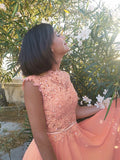 Vestido de noche de graduación con corte A/princesa, apliques, escote redondo, de gasa, sin mangas y largo hasta el suelo