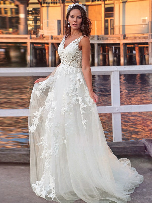 A-Line/Princess Tulle Sleeveless Applique V-neck Sweep/Brush Train Wedding Dresses Bridal Gowns