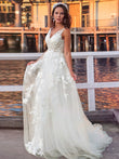 A-Line/Princess Tulle Sleeveless Applique V-neck Sweep/Brush Train Wedding Dresses Bridal Gowns