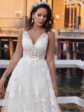 A-Line/Princess Tulle Sleeveless Applique V-neck Sweep/Brush Train Wedding Dresses Bridal Gowns