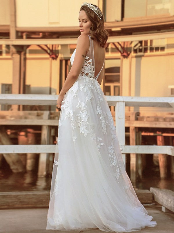 A-Line/Princess Tulle Sleeveless Applique V-neck Sweep/Brush Train Wedding Dresses Bridal Gowns