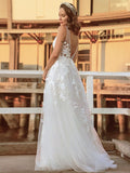 A-Line/Princess Tulle Sleeveless Applique V-neck Sweep/Brush Train Wedding Dresses Bridal Gowns
