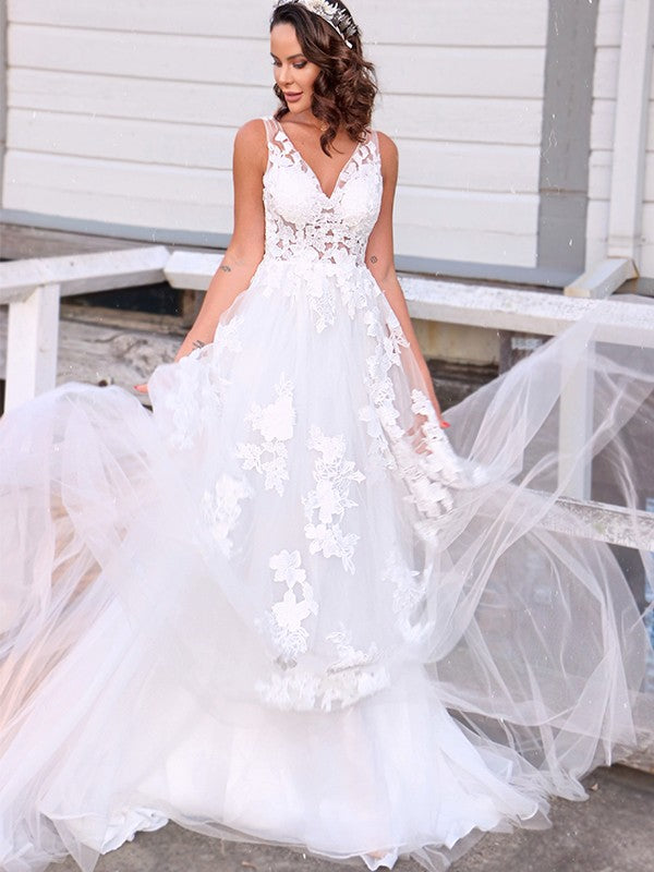 A-Line/Princess Tulle Sleeveless Applique V-neck Sweep/Brush Train Wedding Dresses Bridal Gowns