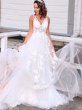 A-Line/Princess Tulle Sleeveless Applique V-neck Sweep/Brush Train Wedding Dresses Bridal Gowns