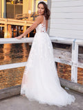 A-Line/Princess Tulle Sleeveless Applique V-neck Sweep/Brush Train Wedding Dresses Bridal Gowns