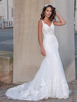 Trumpet/Mermaid Tulle V-neck Sleeveless Applique Sweep/Brush Train Wedding Dresses Bridal Gowns